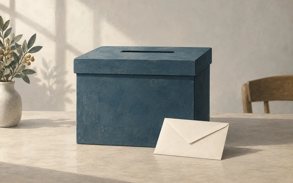 Ballot box and a paper envelope. Editorial illustration; not a photograph of the event.