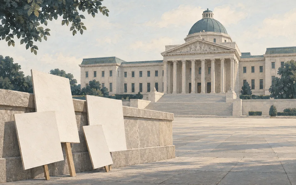 Civic building and a public square. Editorial illustration; not a photograph of the event.