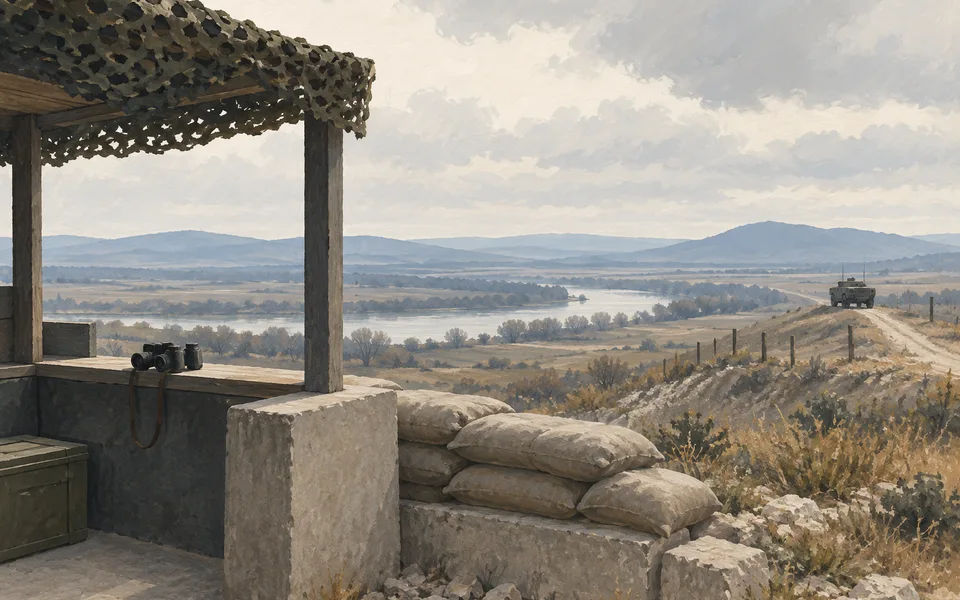 An empty border observation post. Editorial illustration; not a photograph of the event.