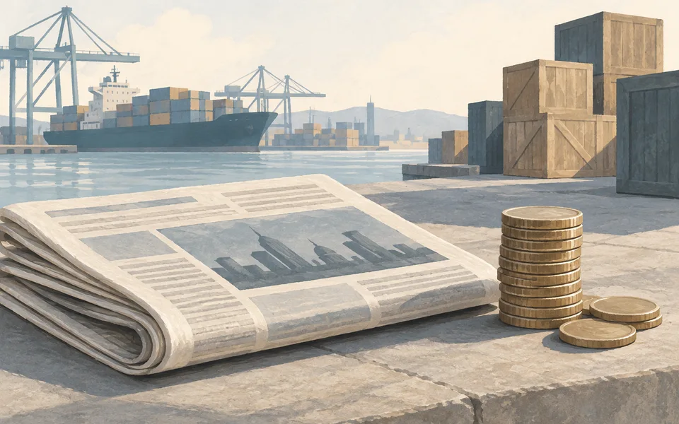 Newspaper, coins and shipping crates. Editorial illustration; not a photograph of the event.