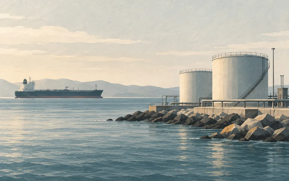 Coastal energy storage terminal. Editorial illustration; not a photograph of the event.