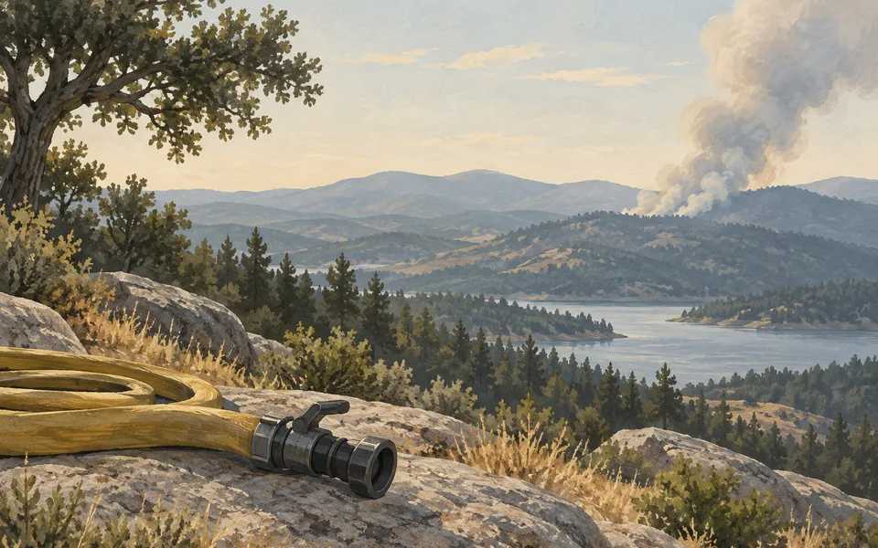 A hillside and firefighting equipment. Editorial illustration; not a photograph of the event.