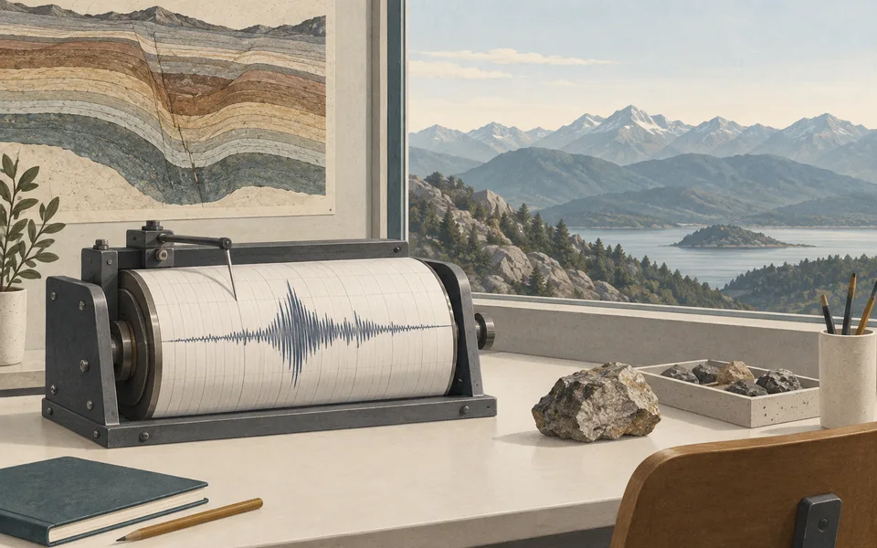 Seismograph and layered earth. Editorial illustration; not a photograph of the event.
