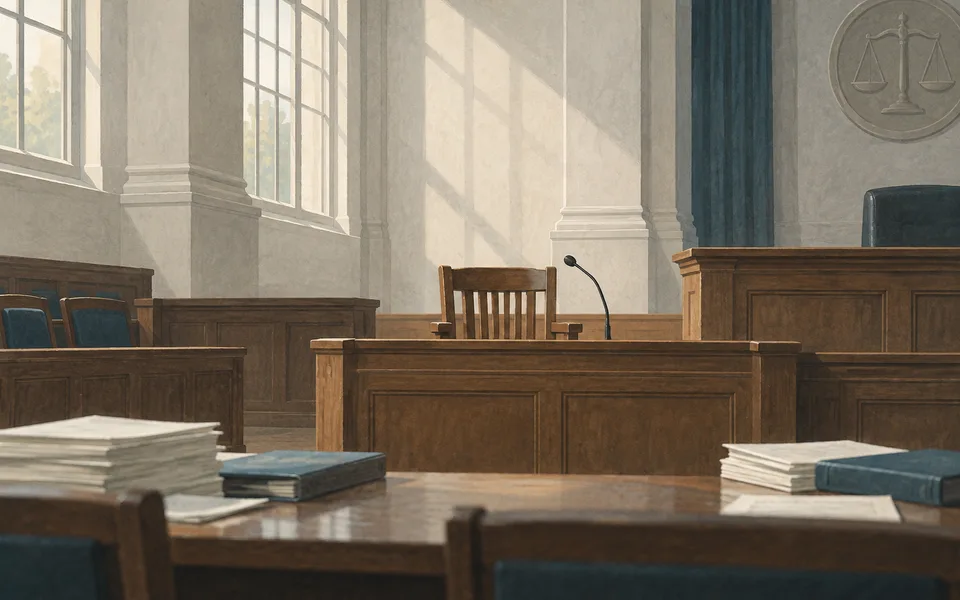 Courtroom and legal papers. Editorial illustration; not a photograph of the event.