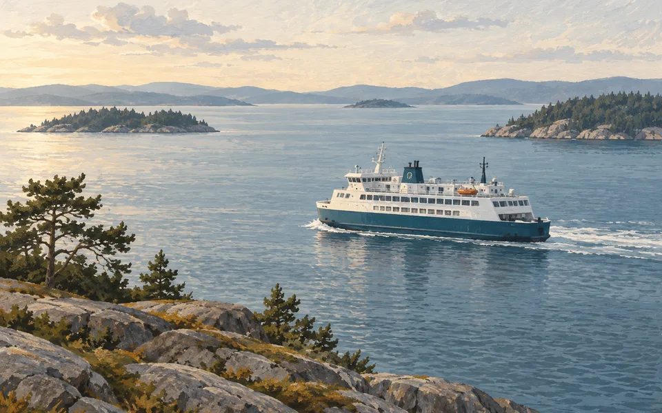 A ferry on open water. Editorial illustration; not a photograph of the event.