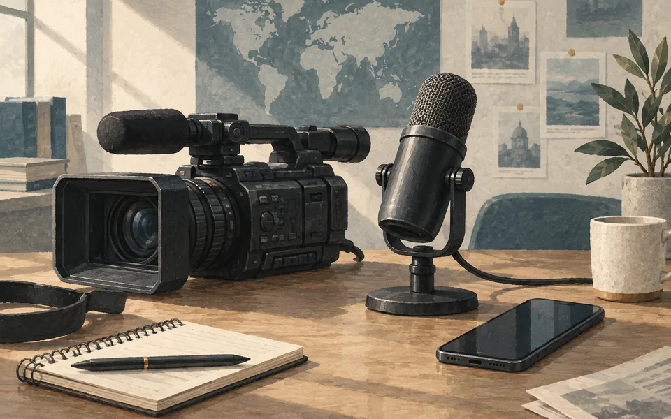 Camera, microphone and a phone. Editorial illustration; not a photograph of the event.