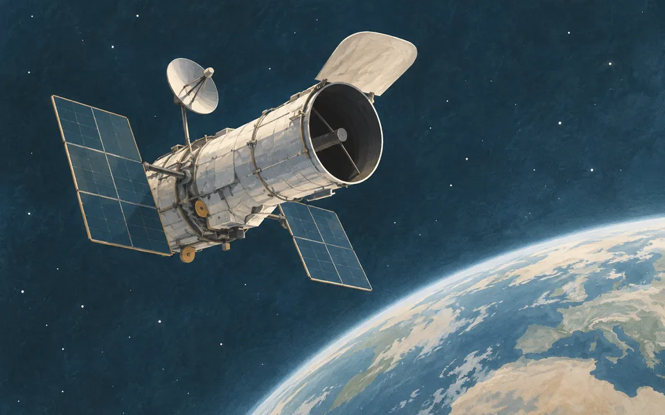 A telescope above the Earth. Editorial illustration; not a photograph of the event.