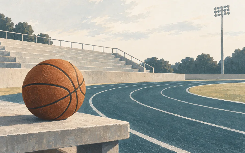 Sports equipment and an empty stadium. Editorial illustration; not a photograph of the event.