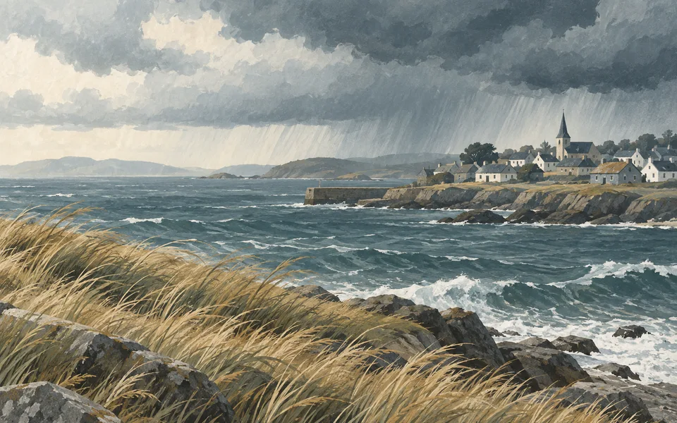 Coastal landscape under changing weather. Editorial illustration; not a photograph of the event.