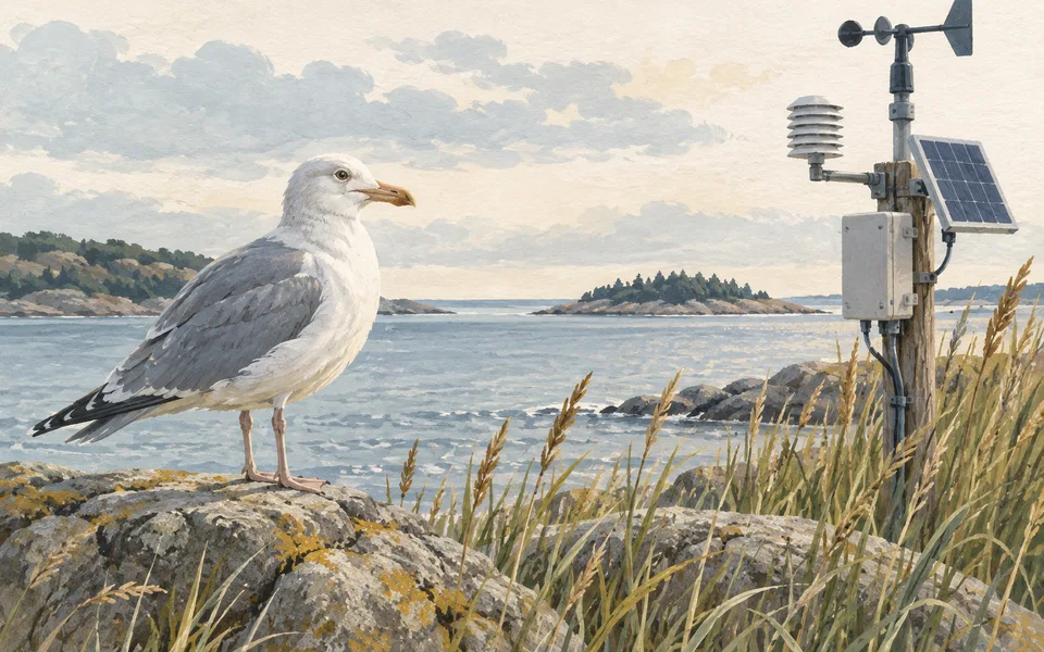 A seabird beside a coastal monitoring station. Editorial illustration; not a photograph of the event.