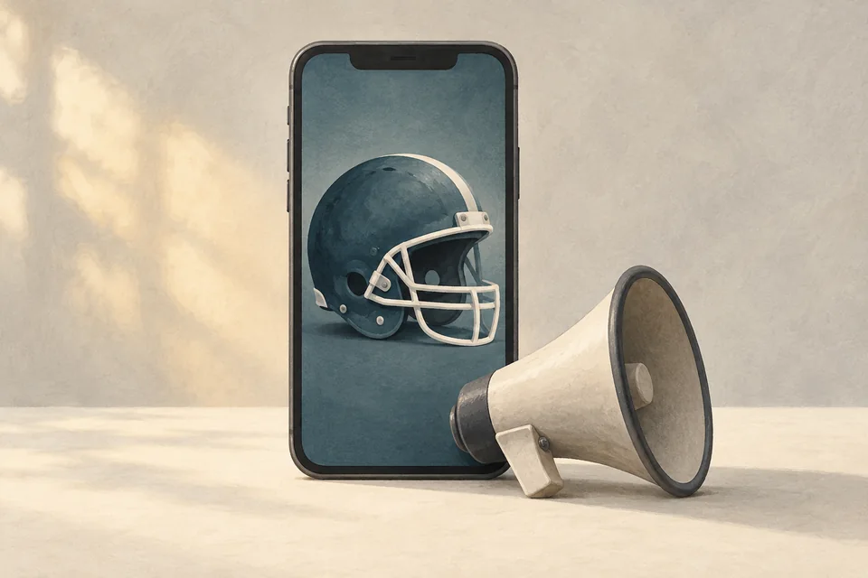 A phone displaying an unbranded football helmet stands beside a small megaphone.. Editorial illustration; not a photograph of the event.