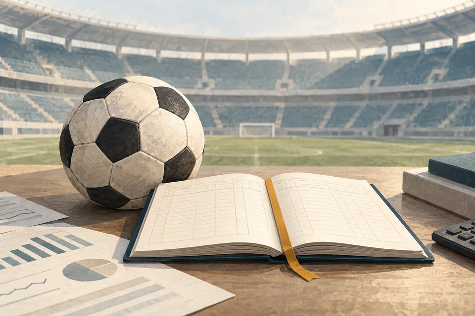 A football rests beside an open ledger on a desk overlooking an empty stadium.. Editorial illustration; not a photograph of the event.