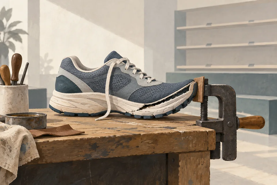 An unbranded running shoe with a partly detached sole rests in a repair clamp on a workbench.. Editorial illustration; not a photograph of the event.