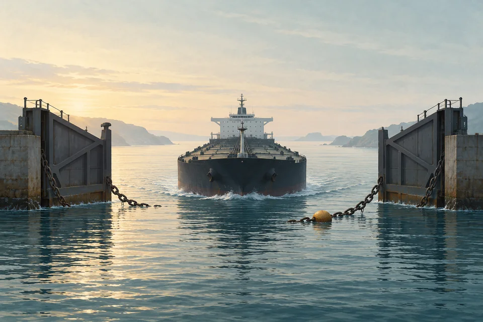 A long dark oil tanker glides through an opened harbor gate, a slack chain drooping into the water beside an ochre buoy.. Editorial illustration; not a photograph of the event.