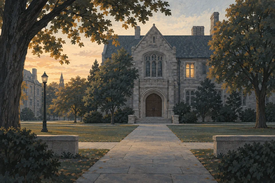 An empty university quadrangle at dusk faces the closed doors of a stone academic building.. Editorial illustration; not a photograph of the event.