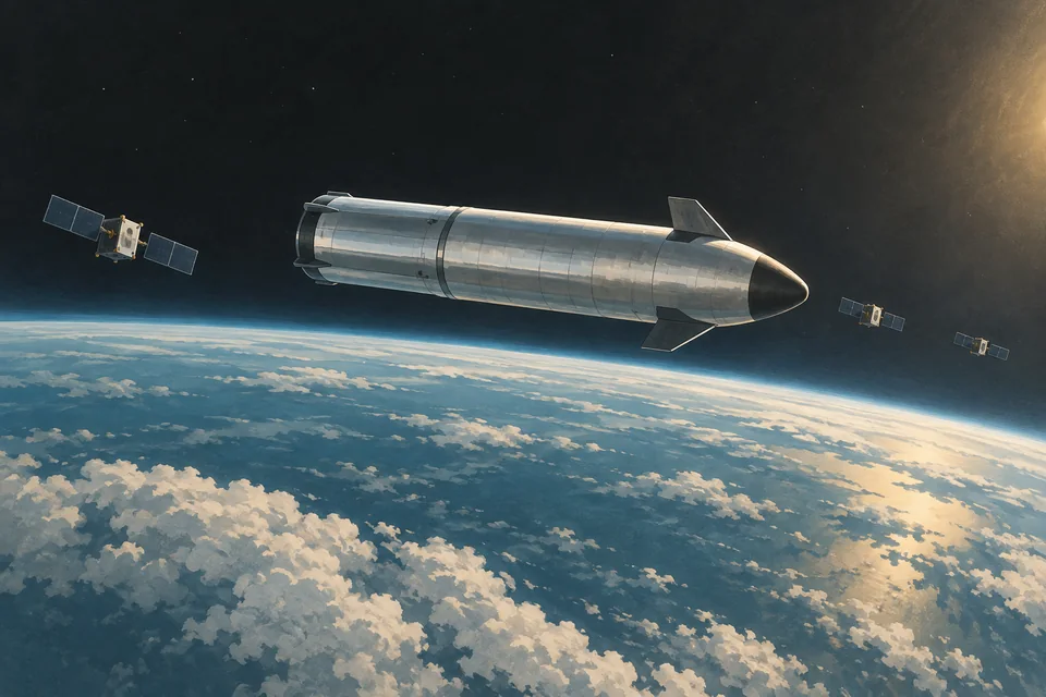 A silver spacecraft and small communication satellites coast above the curved blue Earth.. Editorial illustration; not a photograph of the event.